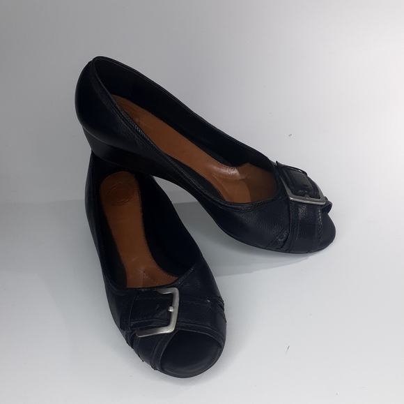 Women's Black Leather Open Toe Wedge Shoe by Sparrow Size 8.5.  Made in Brazil. - Picture 12 of 14